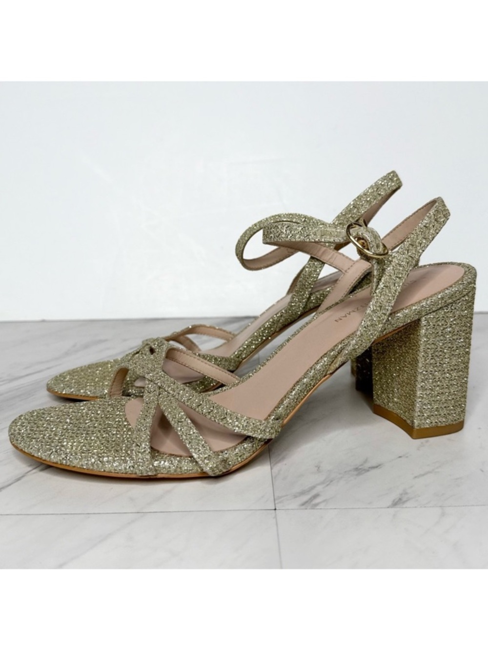 Stuart Weitzman Starla 75 Sparkle Block Heel Sandal 9B